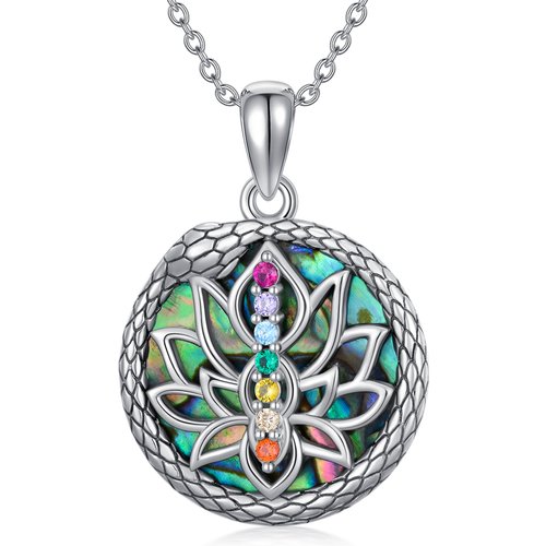 Sterling Silver Abalone Shellfish Snake With Lotus Chakras Pendant Necklace For Women
