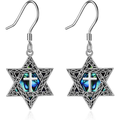 Sterling Silver Abalone Shellfish Star Of David Drop Earrings