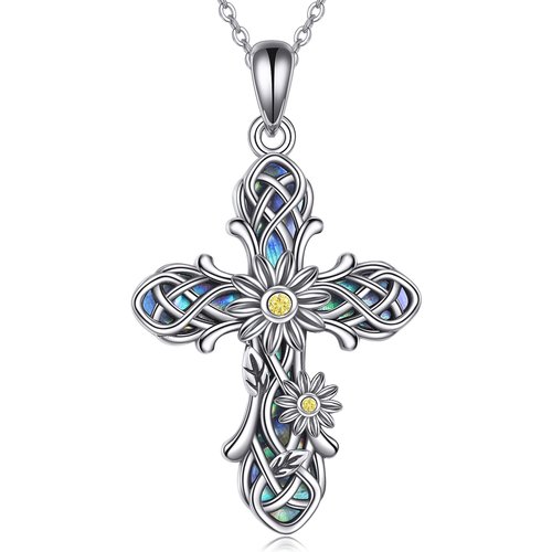 Sterling Silver Abalone Shellfish Sunflower & Cross With Celtic Knot Pendant Necklace For Women Men