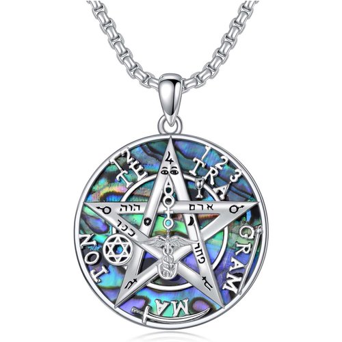 Sterling Silver Abalone Shellfish Tetragrammaton Pentagram Pendant Necklace for Men