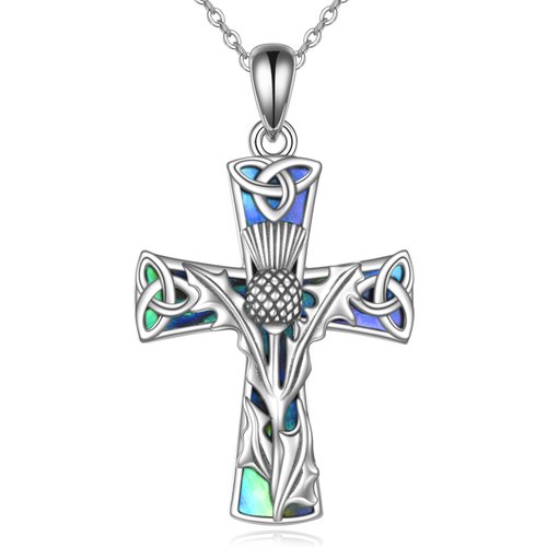 Sterling Silver Abalone Shellfish Thistle & Cross Pendant Necklace