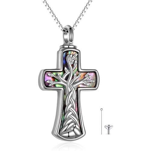 Sterling Silver Cross Tree Of Life Urn Necklace For Ashes Cremation Memorial Jewelry