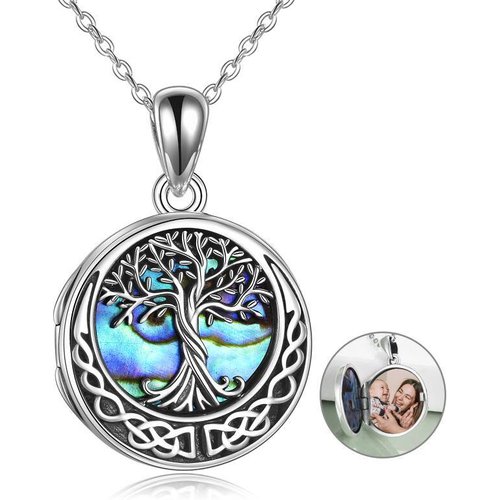Sterling Silver Abalone Shellfish Tree Of Life & Celtic Knot Personalized Photo Locket Necklace with Engraved Word