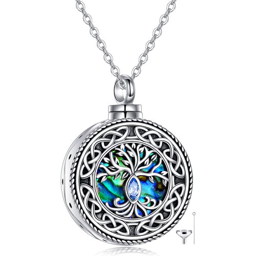 Sterling Silver Abalone Shellfish With Cubic Zirconia Tree Of Life & Celtic Knot Urn Necklace For Ashes