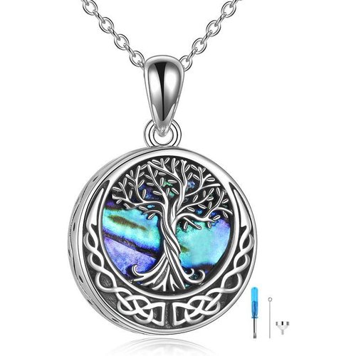 Sterling Silver Abalone Shellfish Tree Of Life & Celtic Knot Urn Necklace for Ashes with Engraved Word