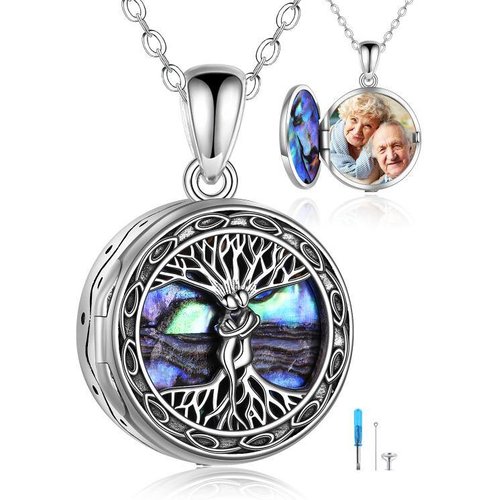 Sterling Silver Abalone Shellfish Tree Of Life & Couple Urn Necklace for Ashes with Engraved Word