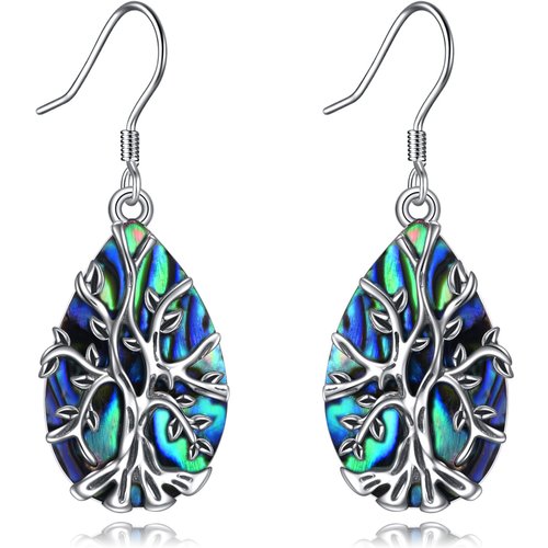 Sterling Silver Abalone Shellfish Tree Of Life Drop Earrings For Women
