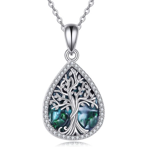 Sterling Silver Drop Abalone Shellfish & Cubic Zirconia Tree Of Life Pendant Necklace For Womem