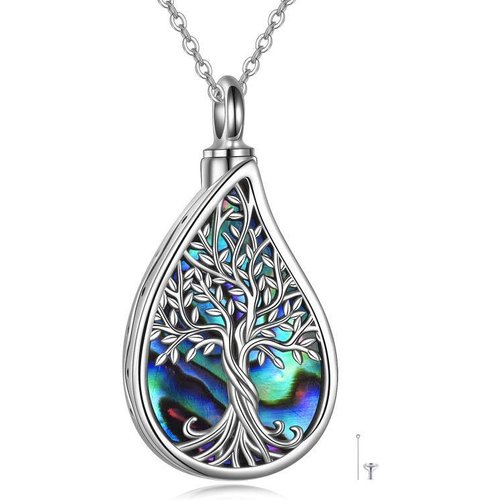 Sterling Silver Abalone Shellfish Tree Of Life & Drop Shape Urn Necklace for Ashes with Engraved Word