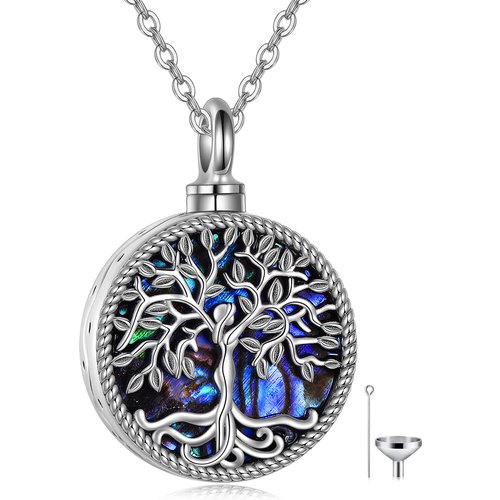 Sterling Silver Circular Tree Of Life Engraved Urn Necklace for Ashes for Women Men