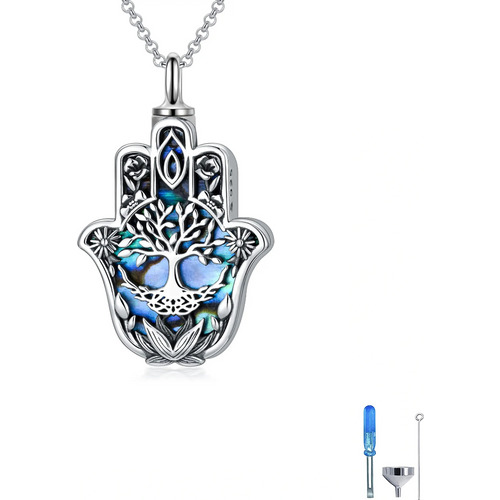 Sterling Silver Abalone Shellfish Tree Of Life & Hamsa Hand Urn Necklace for Ashes