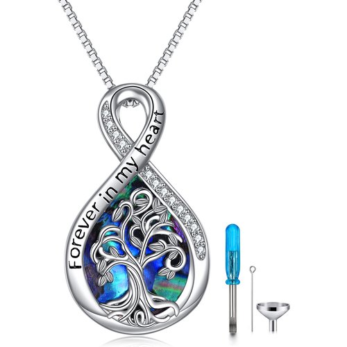 Sterling Silver Abalone Shellfish Tree Of Life & Infinity Symbol Urn Necklace for Ashes with Engraved Word
