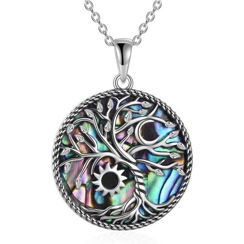 Sterling Silver Abalone Shellfish Moon And Sun Tree Of Life Pendant Necklace For Women