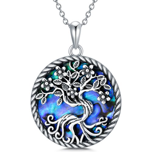 Sterling Silver Abalone Shellfish Tree Of Life Peach Blossom Pendant Necklace