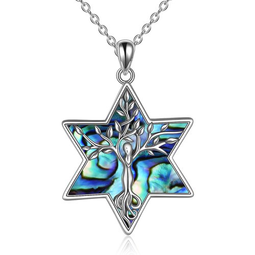 Sterling Silver Abalone Shellfish Tree Of Life & Star Of David Pendant Necklace For Women