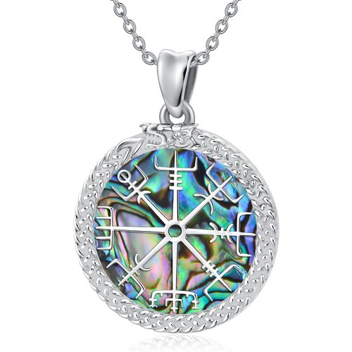 Sterling Silver Abalone Shellfish Viking Rune Vegvisir Pendant Necklace