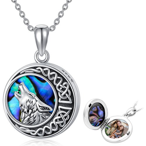 Sterling Silver Round Abalone Shellfish Wolf & Celtic Knot & Moon Personalized Photo Locket Necklace With Engraved Word For Women