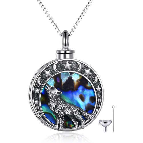 Sterling Silver Abalone Shellfish Wolf Urn Necklace for Ashes with Engraved Word