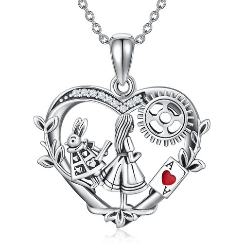 Sterling Silver Cubic Zirconia Alice In The Wonderland & Heart Pendant Necklace