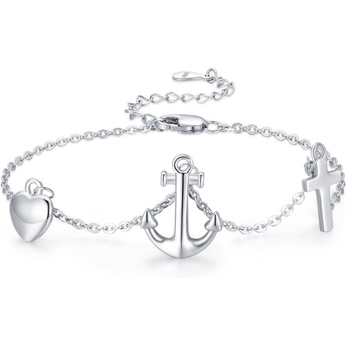 Sterling Silver Anchor With Cross With Heart Bracelet For Women
