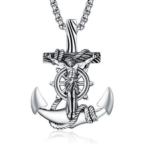 Sterling Silver Anchor & Jesus Pendant Necklace for Men