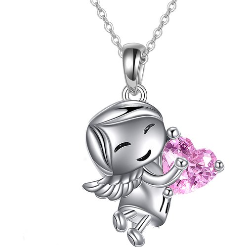 Sterling Silver Cubic Zirconia Angel & Heart Charm Necklace for Women