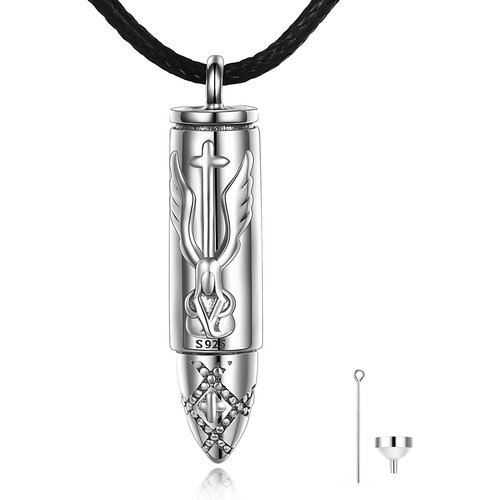Sterling Silver Angel Wing & Bullet Urn Necklace for Ashes