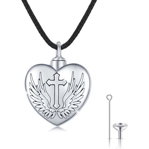 Sterling Silver Angel Wing Cross Heart Urn Necklace for Ashes