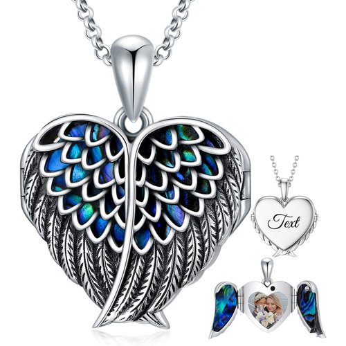 Sterling Silver Angel Wing Heart Abalone Shellfish Personalized Engraving Photo Locket Necklace