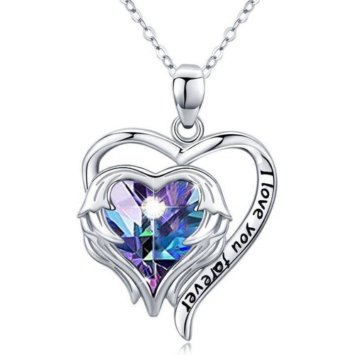 Sterling Silver Heart Crystal Angel Wing With Heart Pendant Necklace Engraved Words For Women