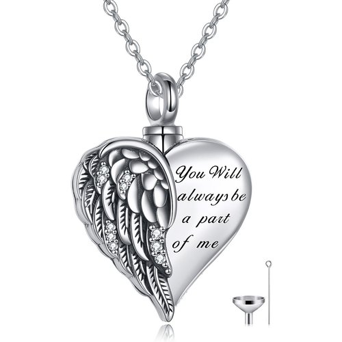 Sterling Silver Angel Wing & Heart Urn Necklace for Ashes with Engraved Word