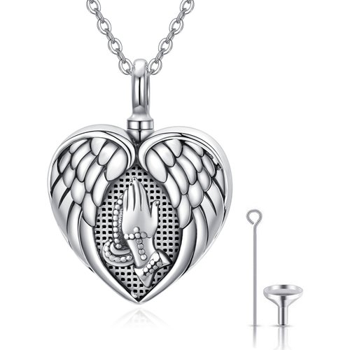 Sterling Silver Angel Wing & Heart Urn Necklace for Ashes