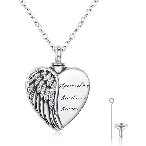 Sterling Silver Angel Wing A Piece of My Heart is in Heaven Urn Necklace for Ashes