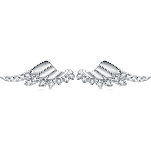 Sterling Silver Round Cubic Zirconia Angel Wings Stud Earrings