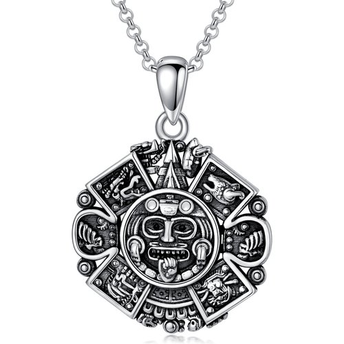 Sterling Silver Aztec Calendar Pendant Necklace