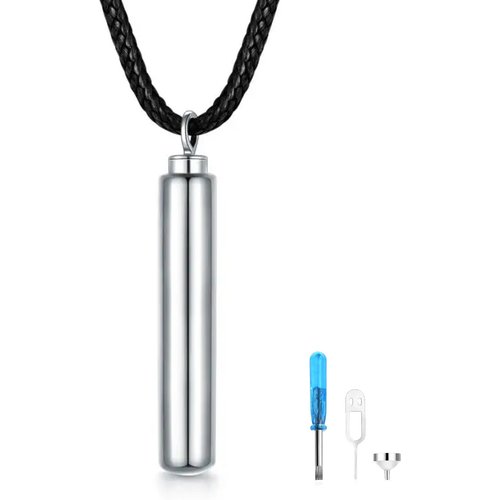 Sterling Silver Bar Urn Necklace For Ashes With Black Rope Chain For Men