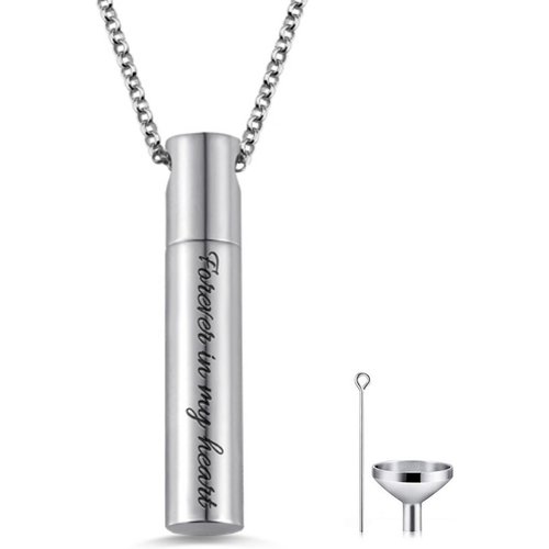 Sterling Silver Bar Urn Necklace for Ashes with Engraved Word