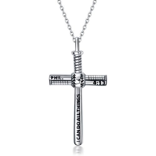 Sterling Silver Baseball & Cross Pendant Necklace with Engraved Word