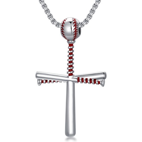 Sterling Silver Baseball & Cross Pendant Necklace