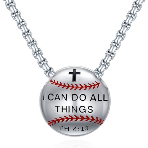 Sterling Silver Baseball Cross Pendant Necklace Engraved You Can Do All Things