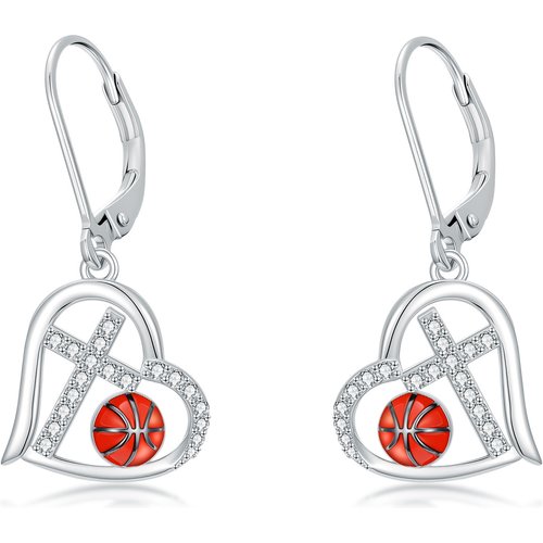 Sterling Silver Cubic Zirconia Basketball & Cross & Heart Lever-back Earrings