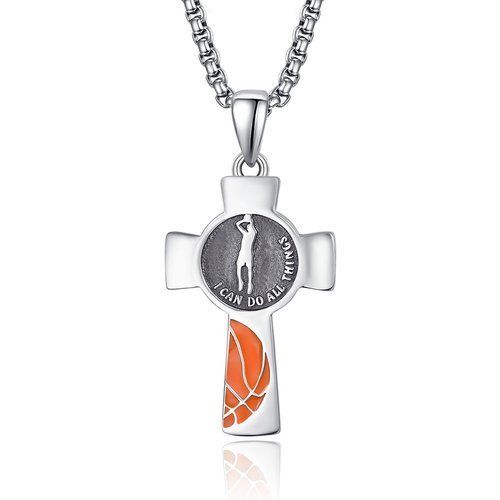 Sterling Silver Basketball & Cross Pendant Necklace with Engraved Word for Men