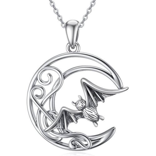 Sterling Silver Bat & Moon Pendant Necklace