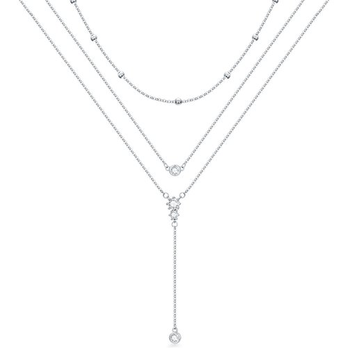 Sterling Silver Cubic Zirconia Bead Layered Necklace