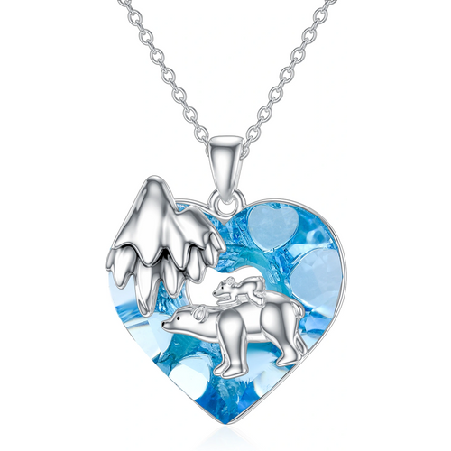 Sterling Silver Bear & Heart Crystal Pendant Necklace
