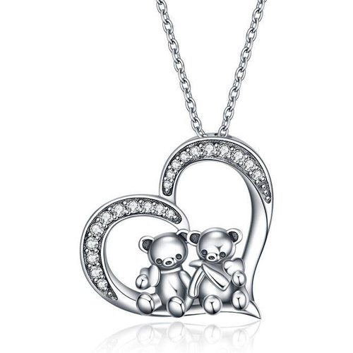 Sterling Silver Bear & Heart Pendant Necklace
