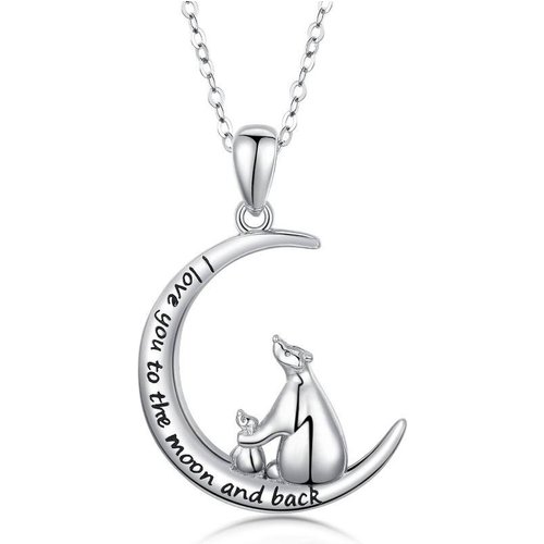 Sterling Silver Bear & Moon Pendant Necklace with Engraved Word
