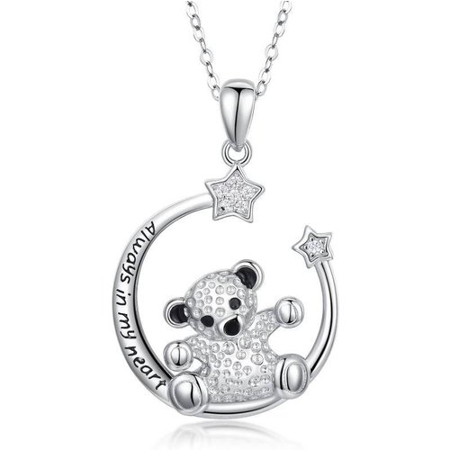 Sterling Silver Cubic Zirconia Bear & Pentagram Pendant Necklace