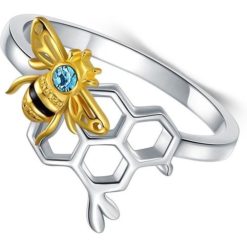 Sterling Silver Two-tone Round Crystal Bee Ring