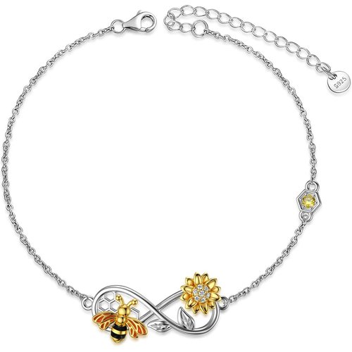 Sterling Silver Cubic Zirconia Bee With Sunflower With Infinity Symbol Charm Bracelet For Women